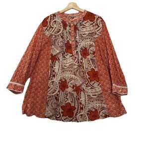 Soft Surroundings Tunic Top Womens 2X Orange Floral Abstract Pintuck Buttons